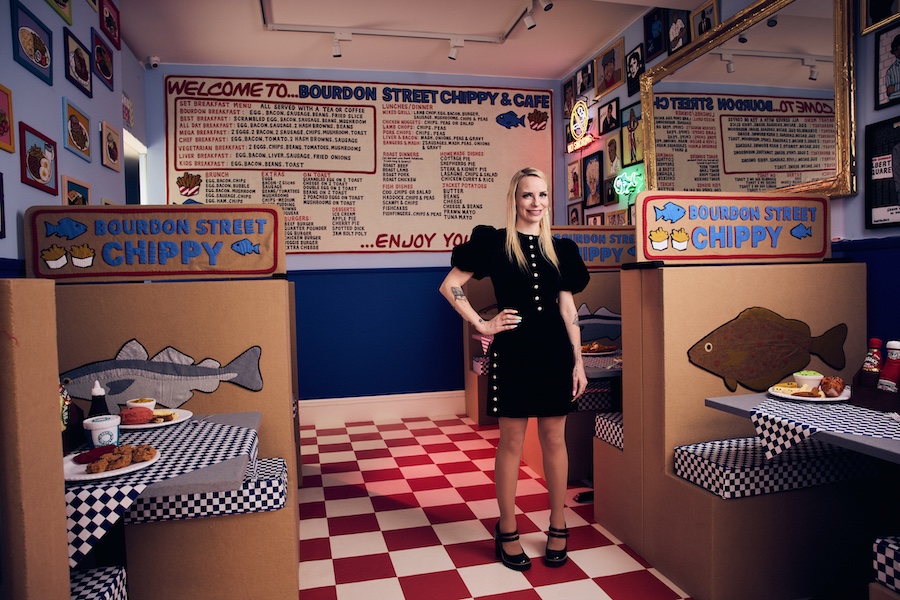Lucy Sparrow - The Bourdon St Chippy at the Lyndsey Ingram Gallery fish and chip shop red white checkerboard menu boards booth seating felt food