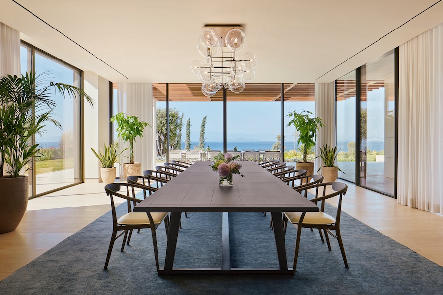 Bvlgari Resort and Mansions Bodrum dining room sputnik chandlier globe lights dining table indoor plants