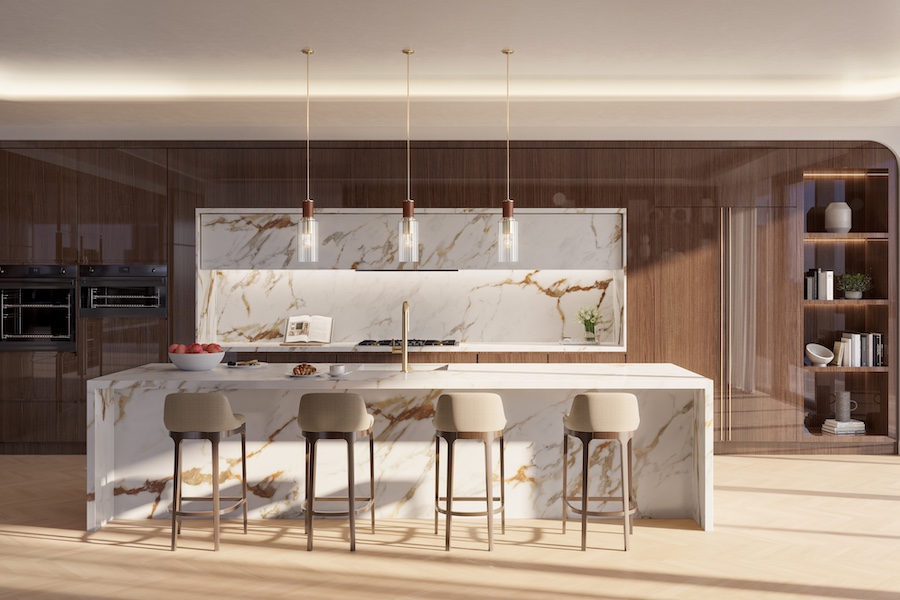 Mr. C Residences Downtown dubai cipriani italian elegance kitchen glossy wood marble island counter bar stools