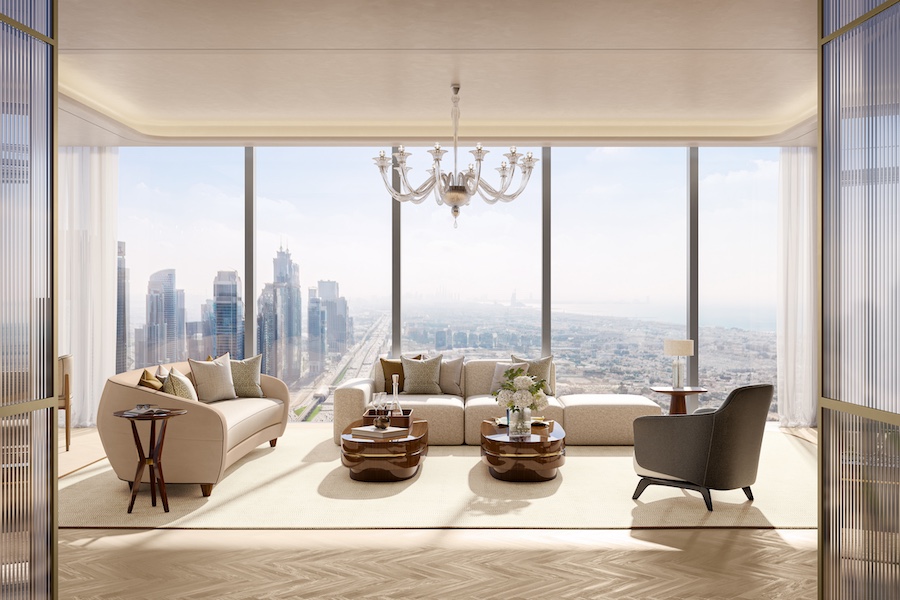 Mr. C Residences Downtown dubai cipriani italian elegance living room chandelier sofa couch floor to ceiling windows