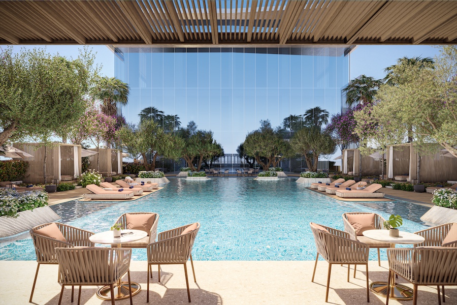 Mr. C Residences Downtown dubai cipriani italian elegance outdoor pool trees sun loungers
