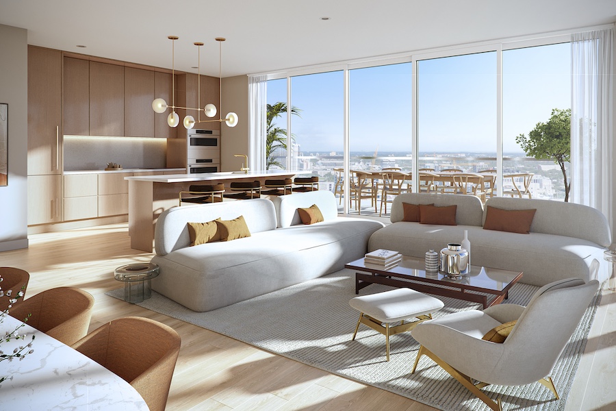 Midtown Park ULTRA padel club miami florida midtown park residences by proper interior living room floor to ceiling windows natural palette