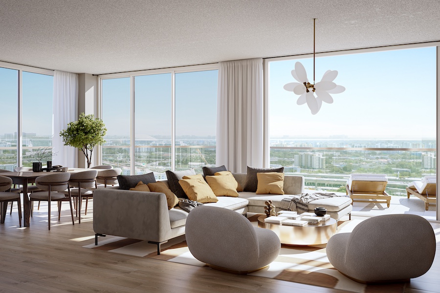 Midtown Park ULTRA padel club miami florida midtown park residences by proper interior living room floor to ceiling windows natural palette