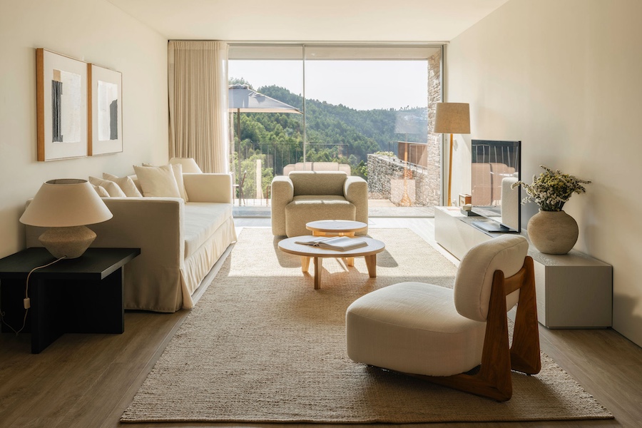 Octant Douro house collection Castelo de Paiva Portugal living room white couch armchair mountain views