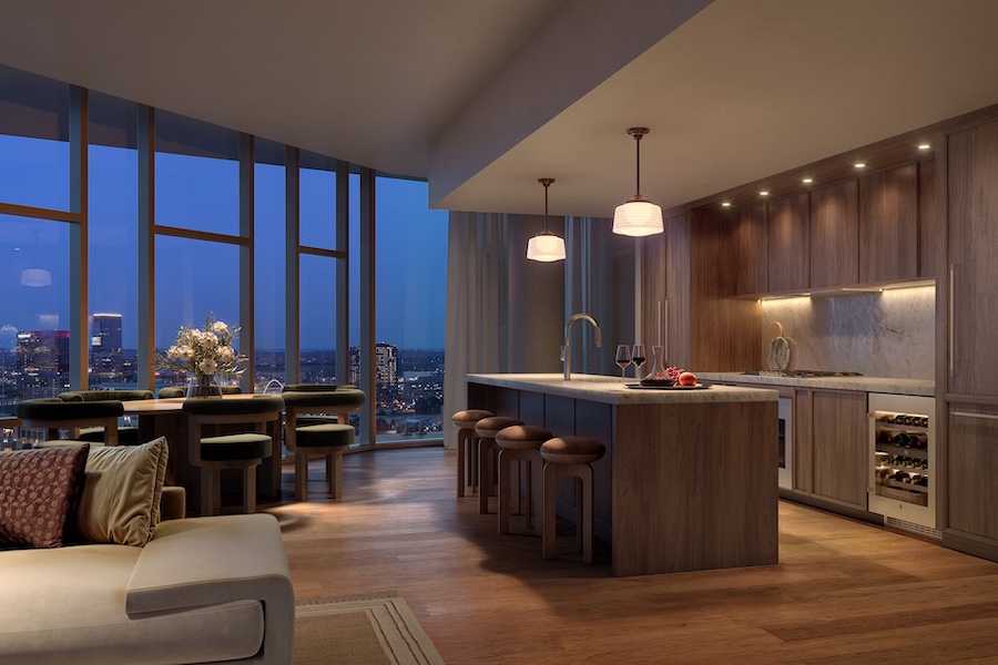 Pendry Residences Nashville Living Kitchen Island floor to ceiling windows