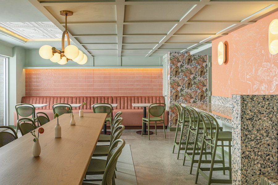 the balfour hotel miami beach morgans originals sofi coffee pink tiles wallpaper matcha green chairs communal wood table