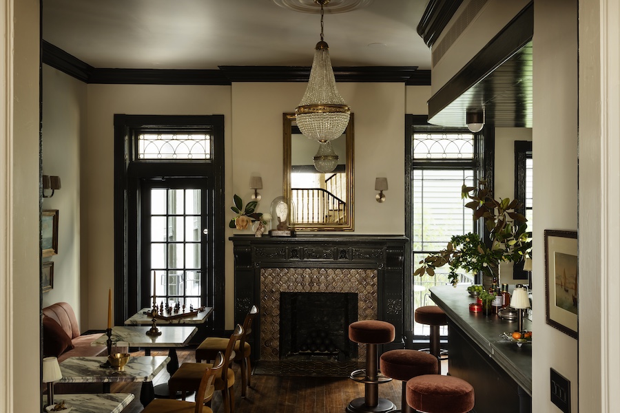 the douglas savannah georgia restored townhouse 1853 bar velvet brown stools fireplace chandelier