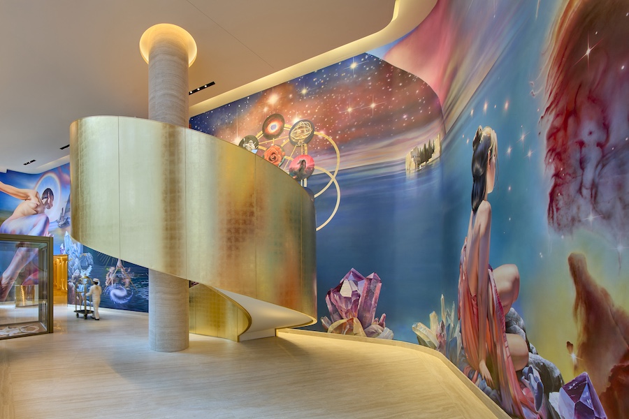faena new york hotel mystical wall mural crystals gold spiral staircase