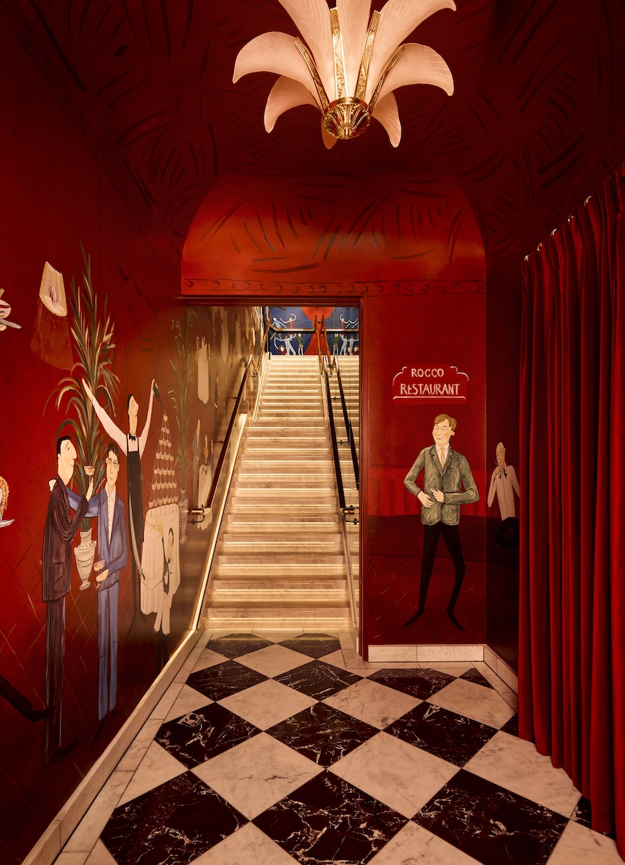 carbone london major food group mfg ken fulk mural red staircase black and white checkerboard floor