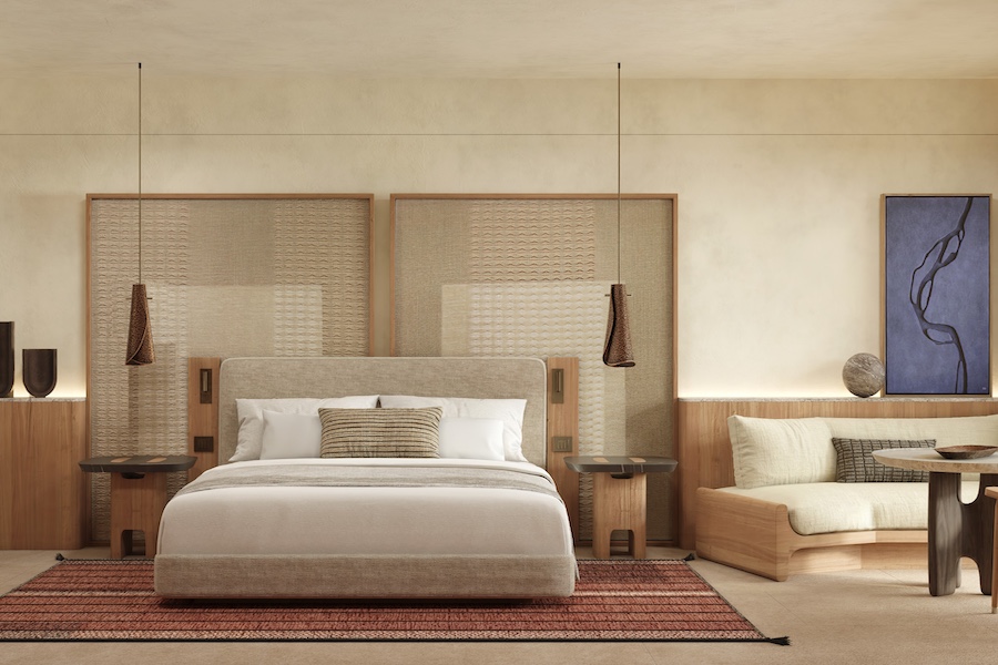Alila Mayakoba Riviera Maya mexico king suite bed night stand seating area white cushions blue wall art