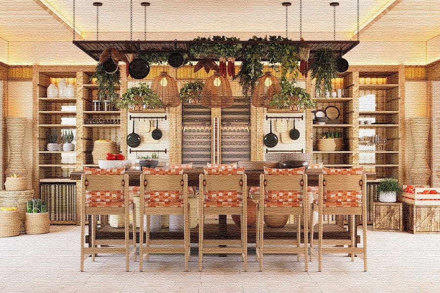 Alila Mayakoba Riviera Maya mexico Chefs Atelier hanging plants bar stools orange white upholstery