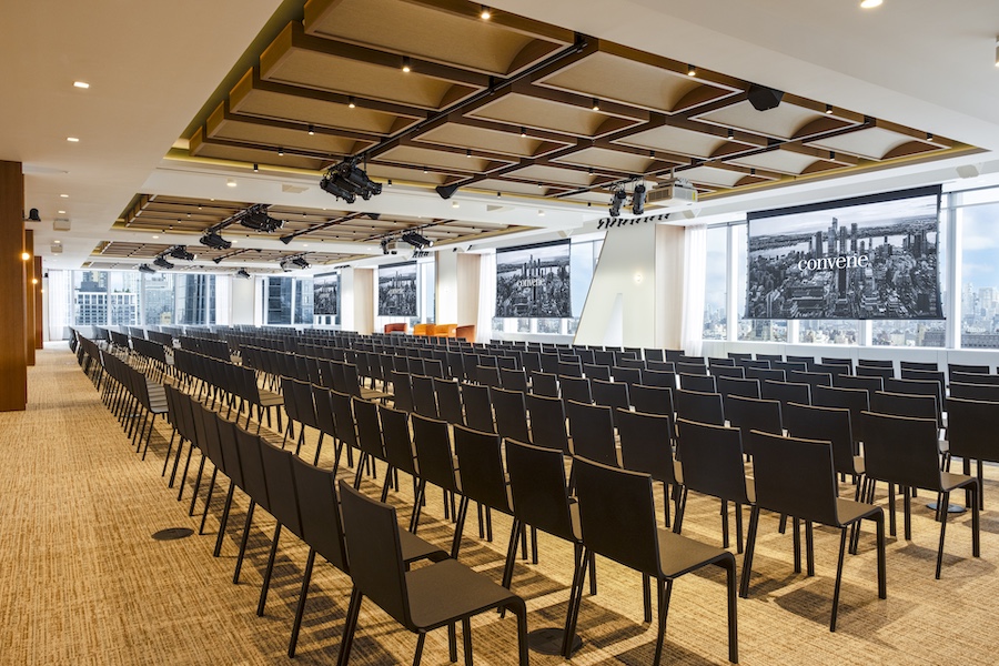 convene 30 hudson yards event meeting space new york manhattan highline hall black chairs projection screen