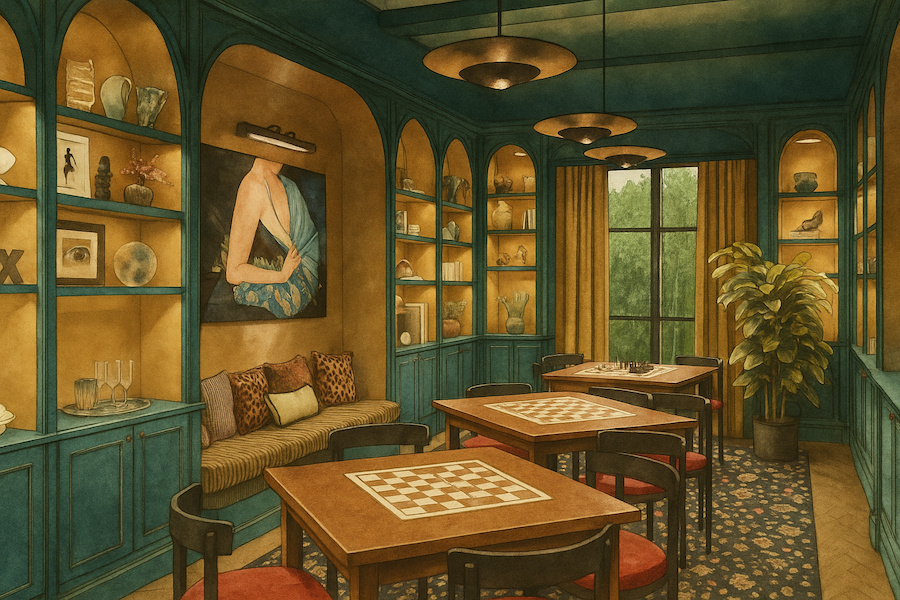 hotel daphne houston texas library arched niches built in shelving teal woodwork chessboard tables indoor plants floral rug