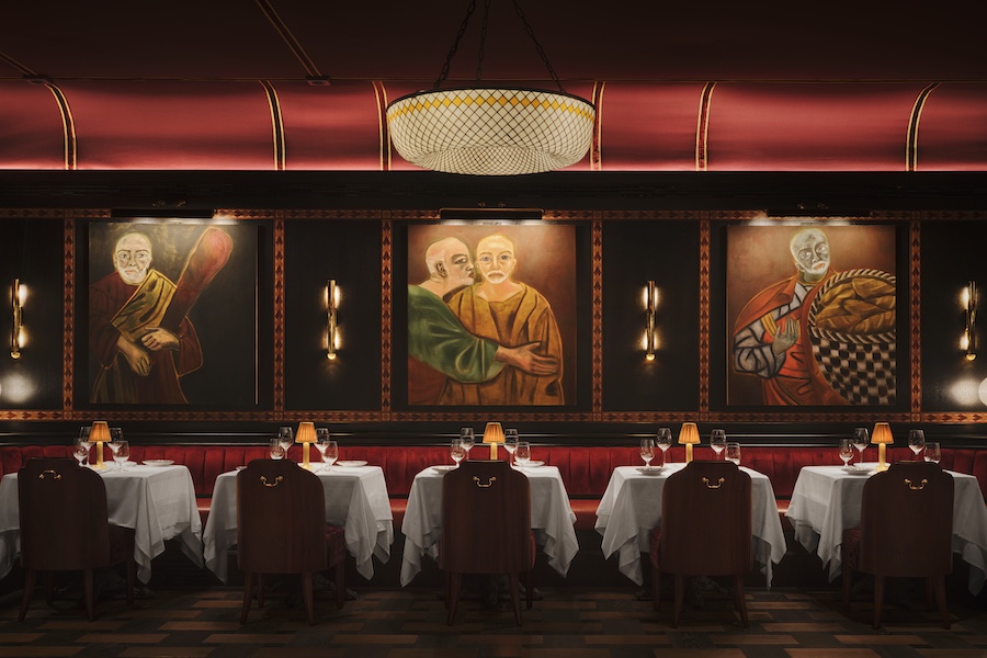 carbone london major food group mfg ken fulk wall paintings murals red ceiling white tablecloths