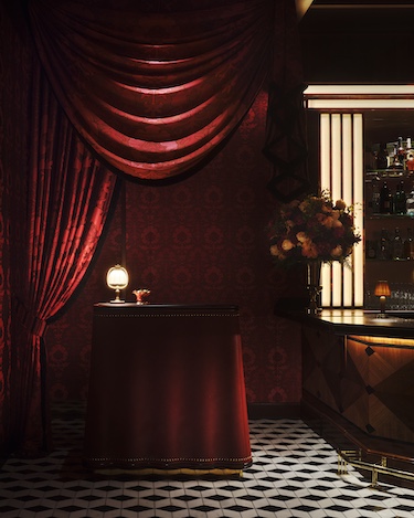carbone london major food group mfg ken fulk wall mural white tablecloths red ceiling black and white checkerboard floor red velvet curtain host stand reception