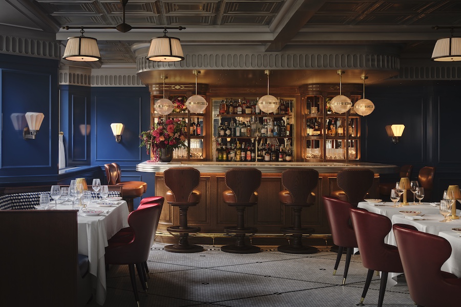 carbone london major food group mfg ken fulk bar stools cobalt blue wall wood liquor shelf coffered ceiling