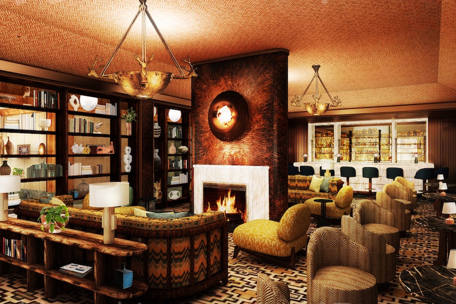Chalet Alpina aspen mountain colorado hotel lobby seating area fireplace