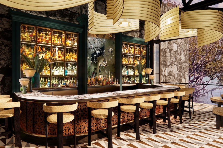 Four Seasons Resort Mauritius at Anahita bar stools liquor shelf