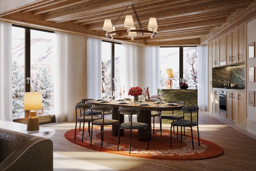 Chalet Alpina aspen mountain colorado mountain homes kitchen table dining room circular orange rug