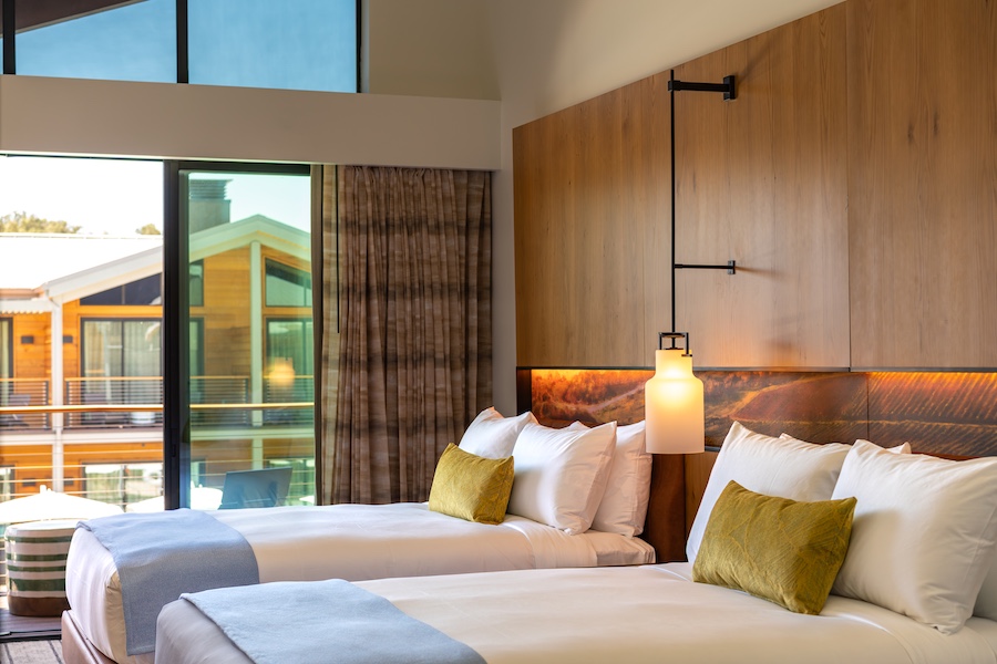 Appellation Healdsburg sonoma county california wine country guestroom bed yellow pillow balcony