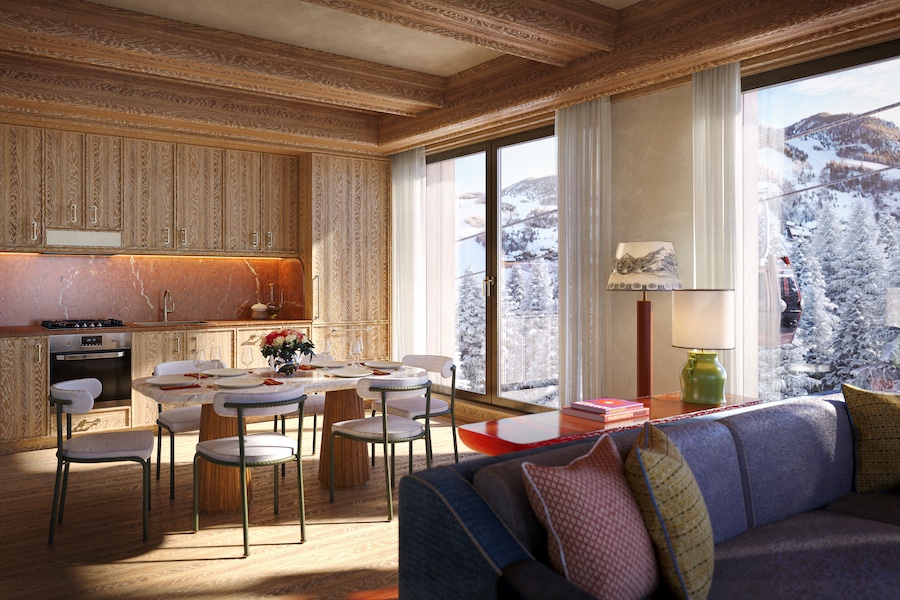 Chalet Alpina aspen mountain colorado resort residences living room dining table mountain views