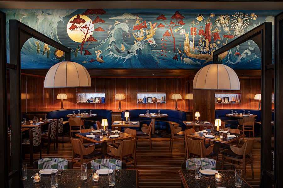 W New York – Union Square Seahorse restaurant nautical wallpaper wallcovering motifs blue banquettes