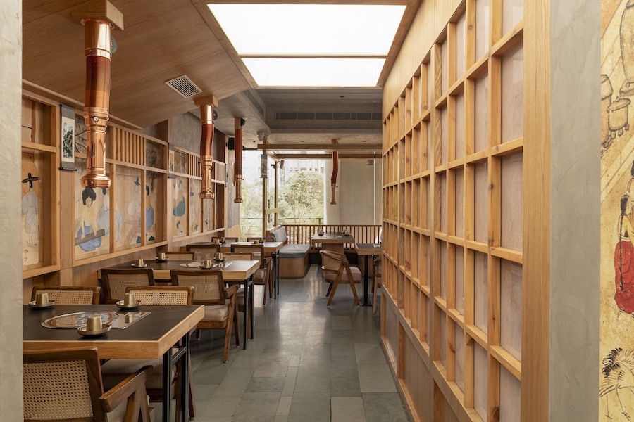 seoul restaurant new delhi korean dining japandi design scandanavian minimalism wood paper screens vents
