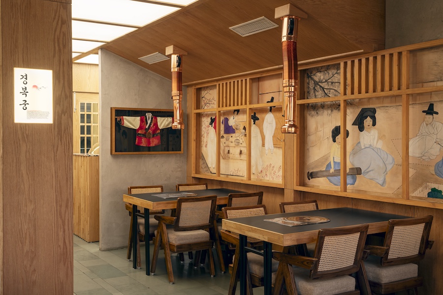 seoul restaurant new delhi korean dining japandi design scandanavian minimalism wood traditional wall mural vent
