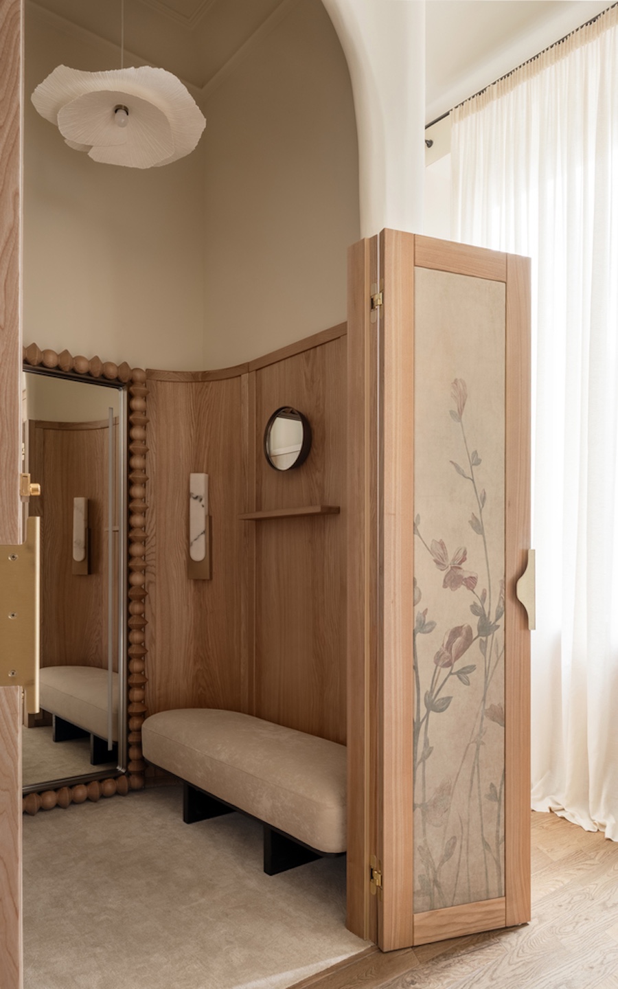 love by the moon kyiv boutique clothing retail store light oak wood white sheer curtains dressing room fitting room mirror bench