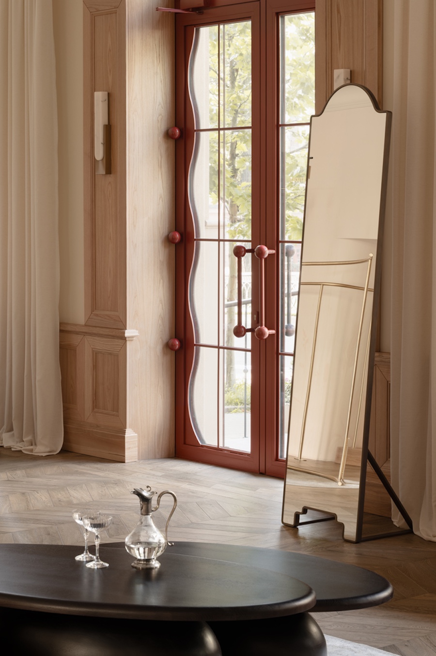love by the moon kyiv boutique clothing retail store light oak wood white sheer curtains wavy curvy door frame mirror