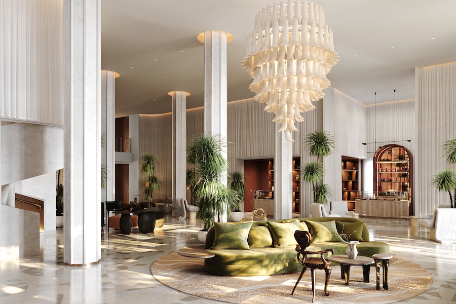 Delano Miami Beach Lobby chandelier olive green sofa columns