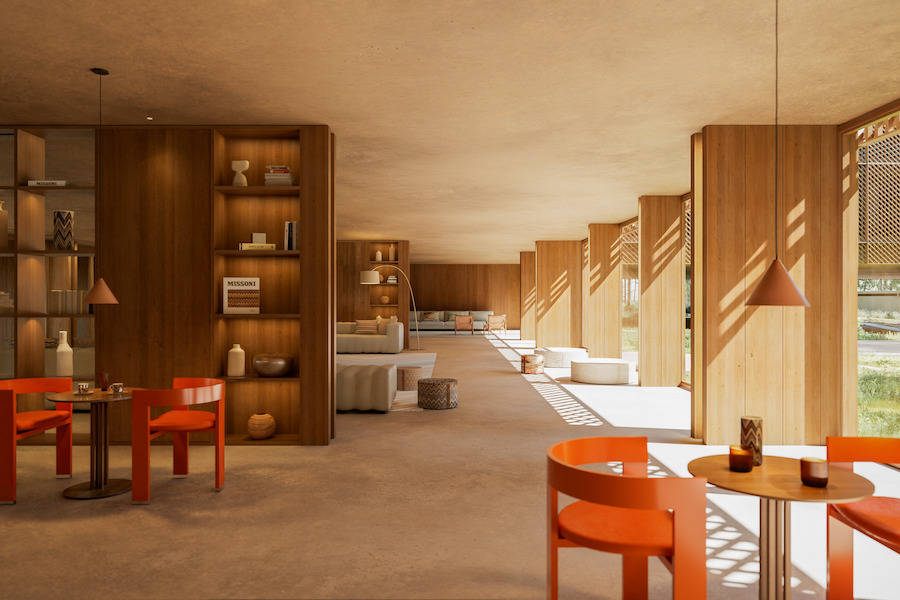 Aroeira Collections by Missoni portugal branded residences hotel lobby orange chairs wood bookshelf