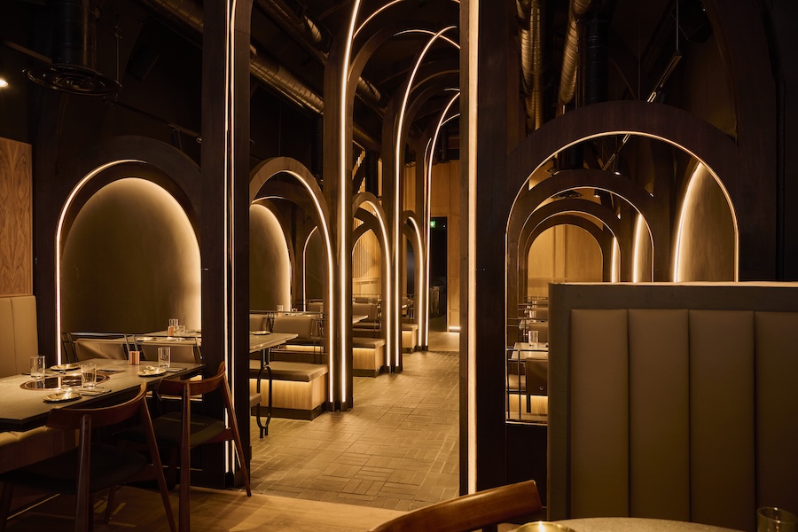 SOOM korean bbq barbecue london dining room backlit mountain mural archways