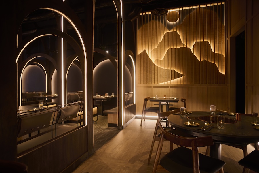 SOOM korean bbq barbecue london dining room backlit mountain mural archways