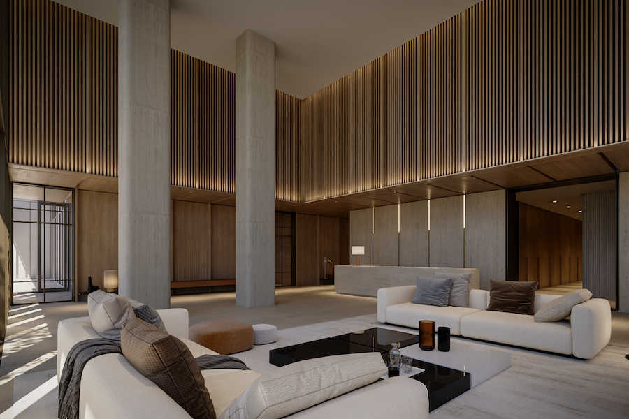 hq residences miami sbe sam nazarian lobby fluted wood ceiling wall detail white sofas