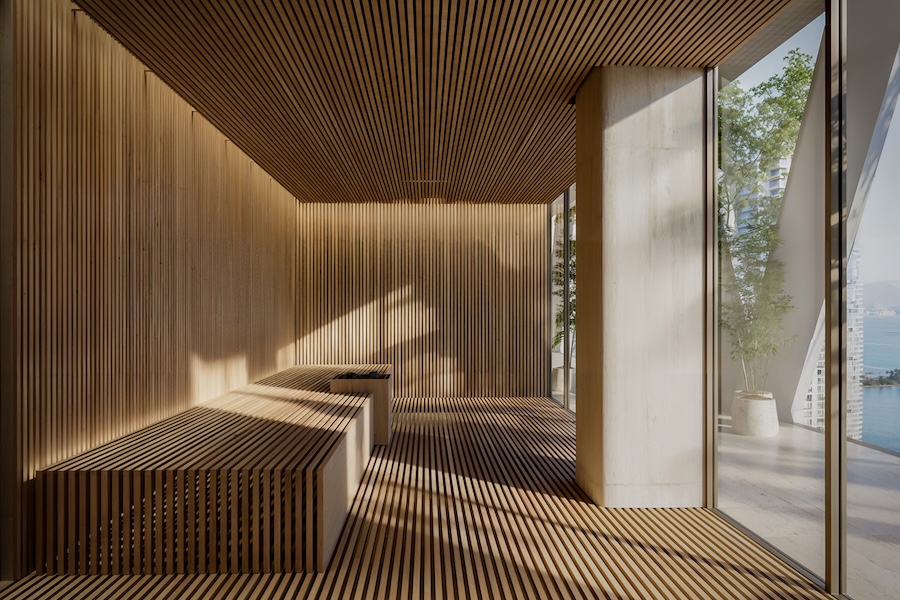 hq residences miami sbe sam nazarian spa sauna fluted wood millwork