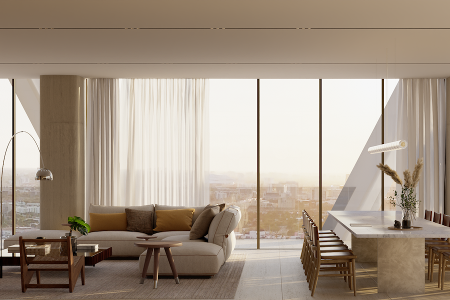 hq residences miami sbe sam nazarian collaboration space white sofa communal table