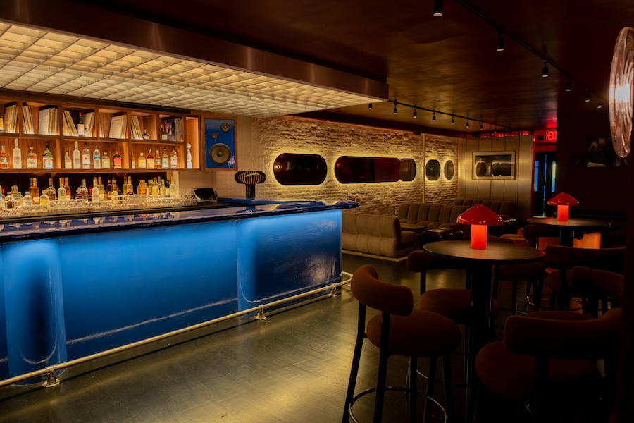 beatbox karaoke venue lounge new york exposed brick wall blue bar backlight