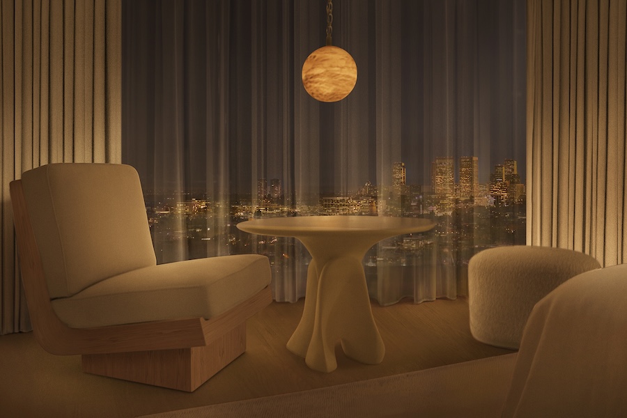 public west hollywood Ian Schrager los angeles sunset strip california guestroom armchair pedestal table globe light pendant sheer curtains