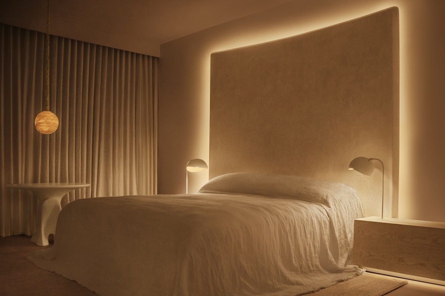 public west hollywood Ian Schrager los angeles sunset strip california guestroom bed backlit headboard globe light pendant