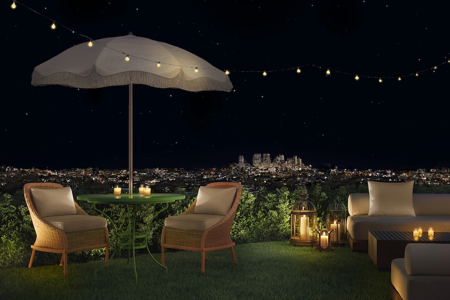 public west hollywood Ian Schrager los angeles sunset strip california rooftop grass turf outdoor wicker seating umbrella string lights