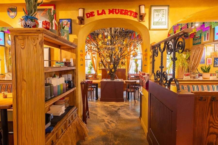 San Patricios jersey city pub cantina mexican irish design yellow walls curtains patterned tables wall art prints papel picado colorful rainbow tissue paper indoor tree main dining room arched doorway