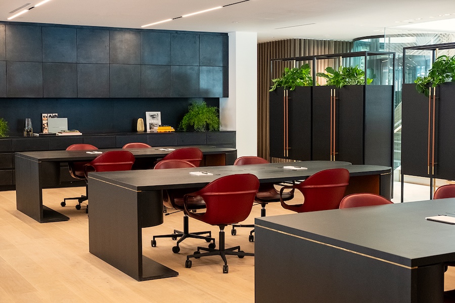 Arc Beverly beverly hills los angeles members club social hub event space office desks red chairs