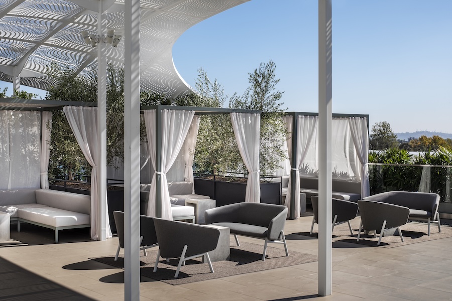 Arc Beverly beverly hills los angeles members club social hub event space roof cabanas sheer white drapery