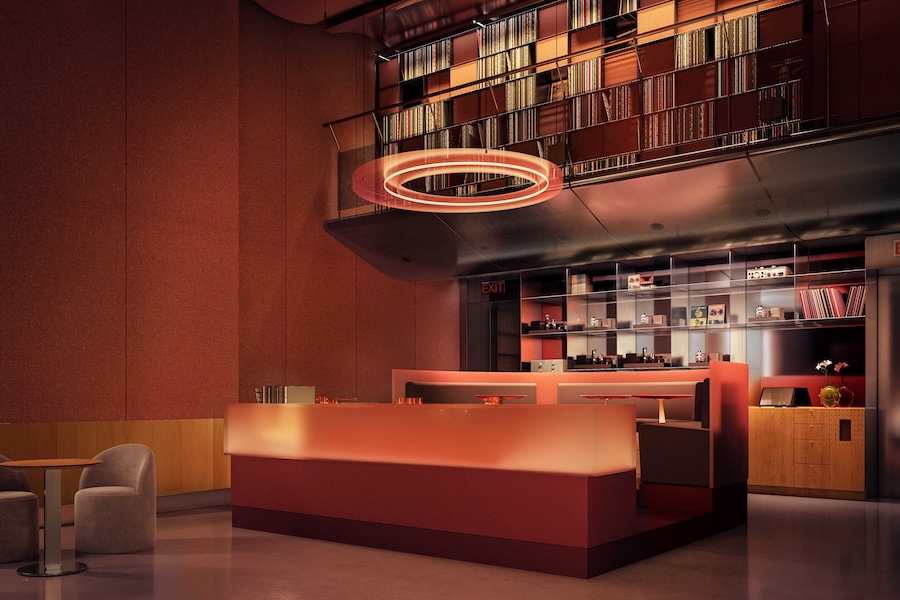 Stylus acoustic listening bar members club former recording studio new york lower east side lounge orange palette vinyl records listening nook raised resin dais