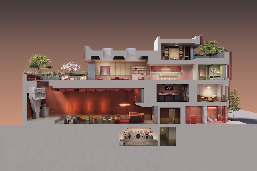 Stylus acoustic listening bar members club former recording studio new york lower east side lounge orange palette floor plan model