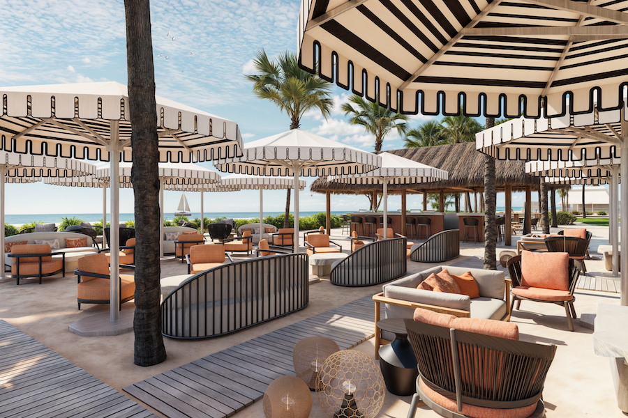The Ritz-Carlton Key Biscayne miami renovation redesign seaside beachside resort dining dune black white striped umbrellas outdoor seating beach