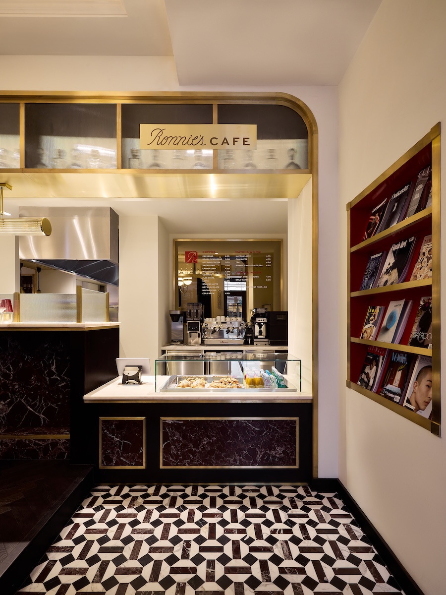 Ronnie's New York in London Regent street kith flagship cafe black white marble floor brass trim fluted glass