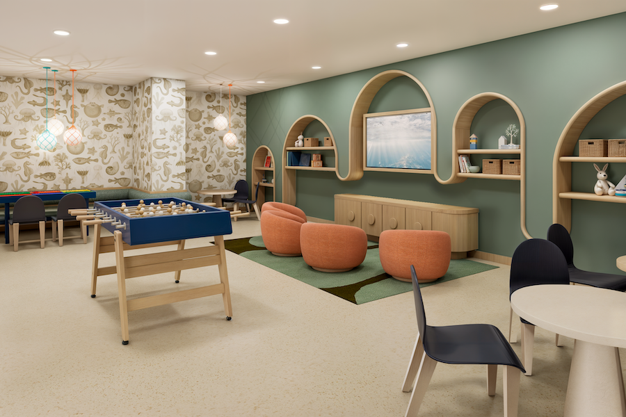 The Ritz-Carlton Key Biscayne miami renovation redesign seaside beachside resort kids club green walls orange curved chairs foosball